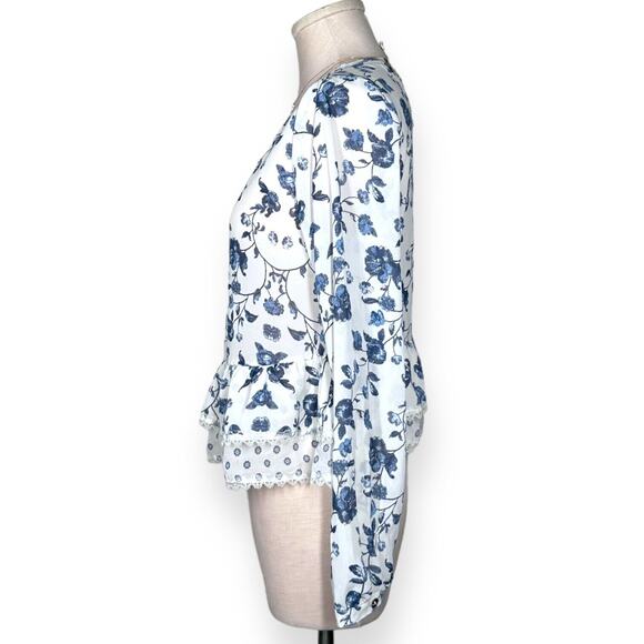 XHILIRATION Tiered Ruffle Floral Peplum Blouse Chiffon Long Sleeve Blue Small - Picture 3 of 10